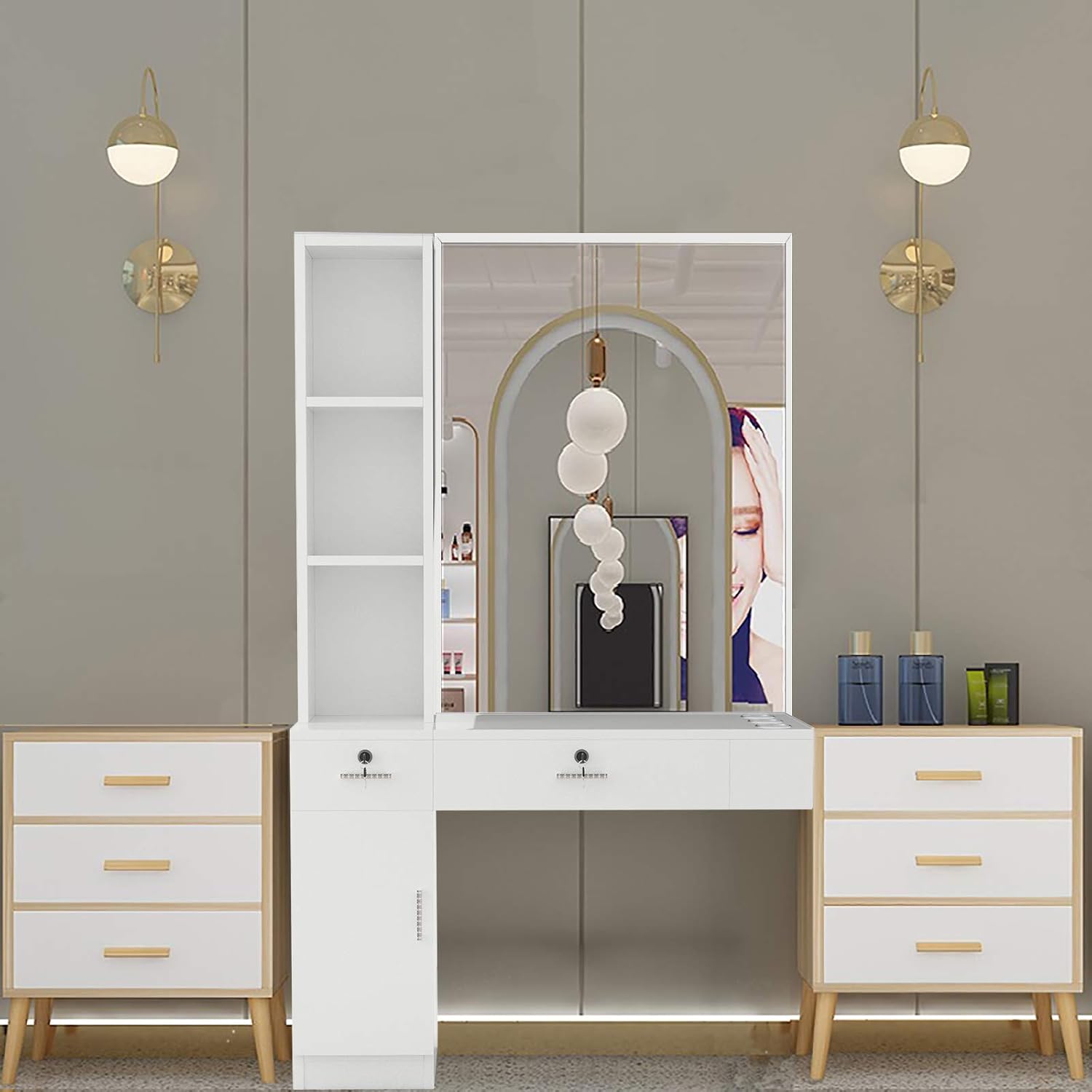 Nurxiovo Barber Station Makeup Hairstyling Tools Organizer Wall Mount Styling Beauty Spa Equipment Utility Set with 3 Appliance Holders, 2 Lockable Drawers, 1 Cabinet, 3 Storage Shelves (Left Shelf): Beauty