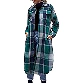 FindThy Women’s Long Plaid Shacket Wool Blend Button Down Shirt Jacket Coat with Pockets