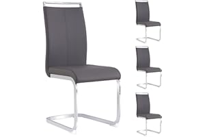 Modern Dark Grey Dining Chairs Set of 4,High Back PU Leather Upholstered Kitchen Chairs with Chrome Metal Legs, Comfortable F