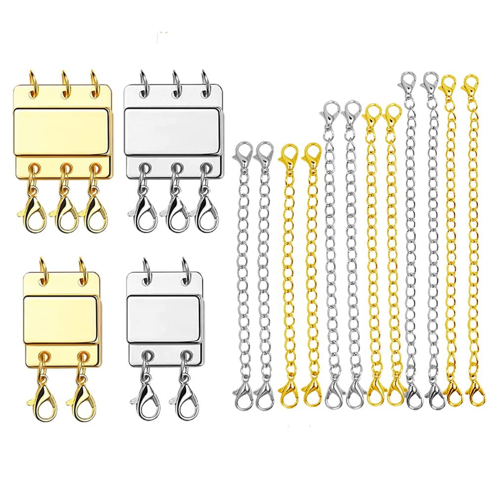 16 pcs Layered Necklace Clasps and Chain Extenders, BOSOIRSOU Magnetic Necklace Connector Multi Strands Clasps, Jewelry Necklace Lobster Clasps and Closures for Layering Bracelet Necklace Detangler