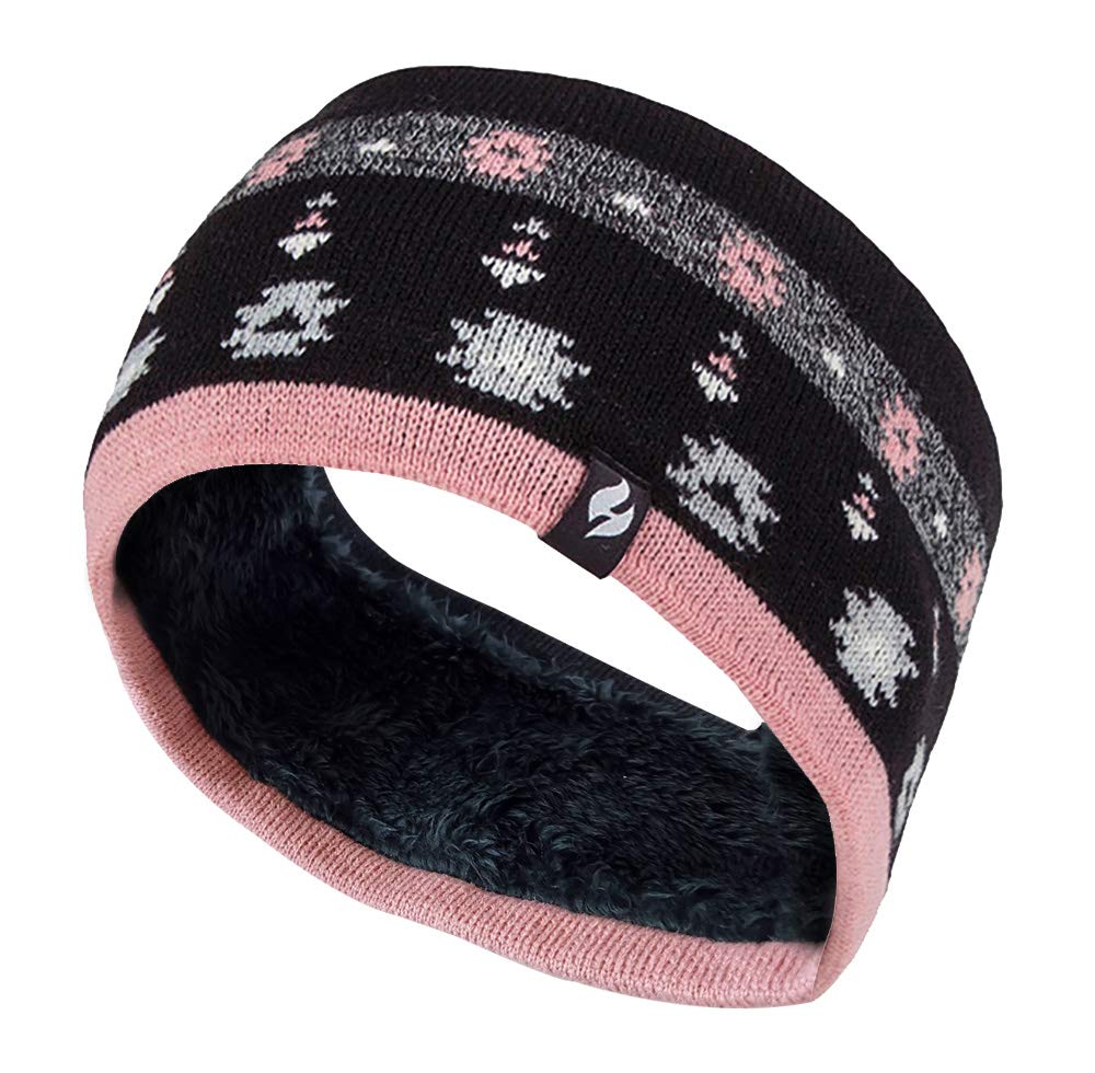 Heat Holders - Ladies Thick Cable Knitted Fleece Lined Thermal Winter Empty Skull Ear Warmer Headband (One Size, Jaquard Black Coral) โ image 1