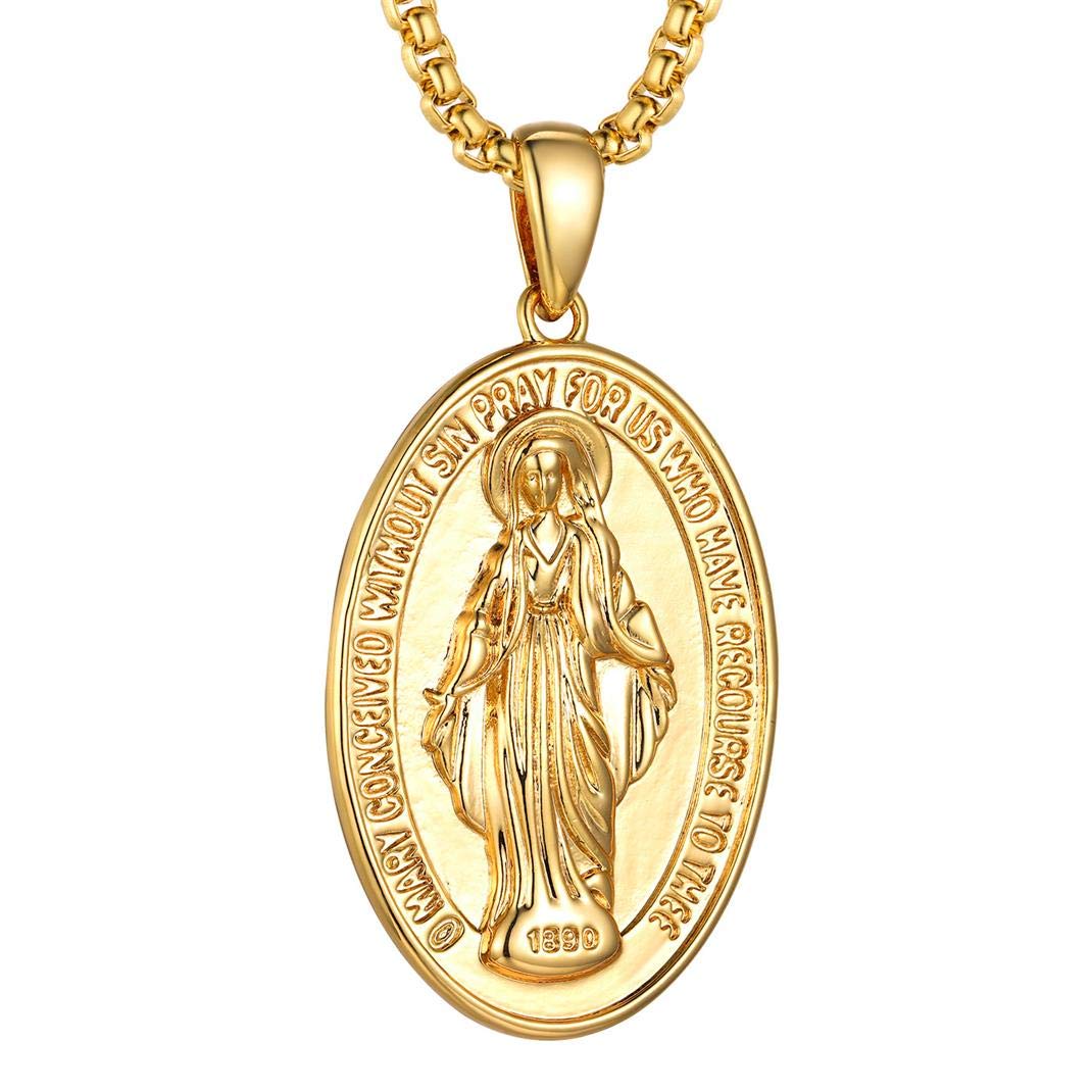 GoldChic Jewelry Religious Medal Oval Our Lady Of Guadalupe, Virgin Mary Pendant Necklace