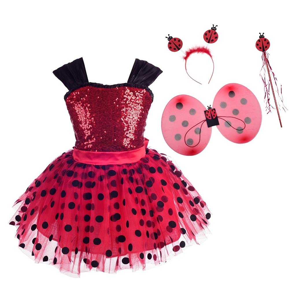 Lito Angels Ladybug Costume Red Polka Dot Fancy Tutu Dress Up for Kids Girls, Party Outfit with Wings and Accessories Age 7-8 Years