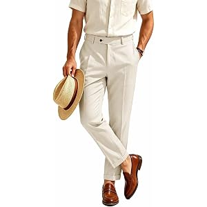 Mens Linen Dress Suit Pants Slim Fit Lightweight For Summer Business Casual | Lightweight Breathable Slacks Prom Button Pocke