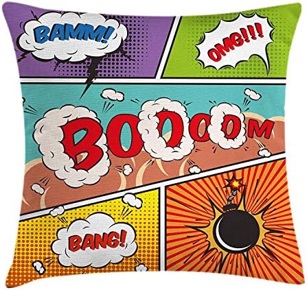 WYICPLO Superhero Throw Pillow Cushion Cover, Retro Comic Strip Speech Bubbles Funny Pop Art Stylized Vintage Hobby Style Image, Decorative Square Accent Pillow Case, 18 X 18 Inches, Multicolor
