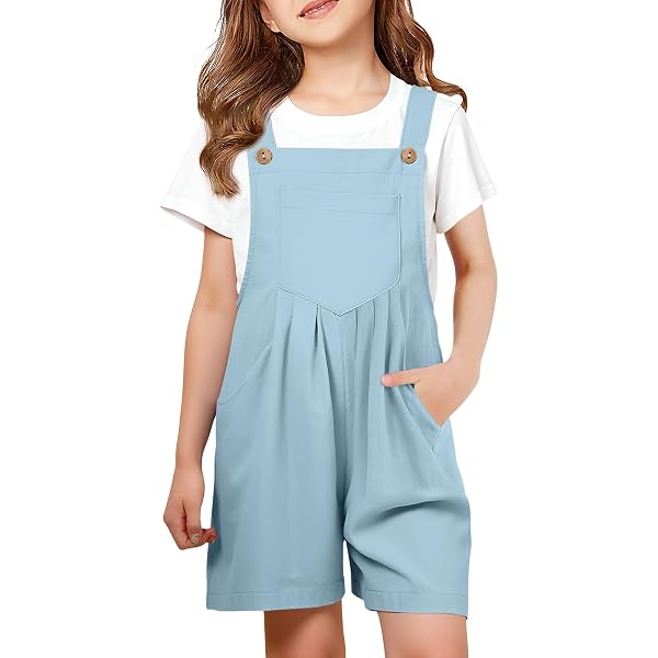 Girls Denim Twill Overalls Shortalls - Cute Jumpsuit Romper With Adjustable Straps & Pockets, Sizes 4-14