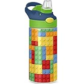 Kigai Small Water Bottle for Kid 12oz Building Blocks Insulated Bottle with Straw Lid Stainless Steel Tumbler Vacuum Cup Thermal Bottles