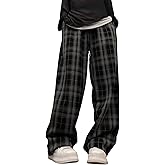 Womens Y2k Plaid Baggy Pants Casual Elastic Waist Drawstring Goth Grunge Pants Trendy Streetwear Clothes