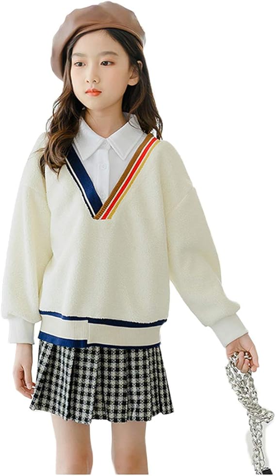 Amazon Jpバレンタインデー 子供服 女の子 セットアップ パーカー チェックスカート 上下 2点セット ガールズ トレーナー 偽二枚 長袖 重ね着風 裏起毛 もこもこ 防寒 学院風 学生服 可愛い 秋冬 ジュニア服 トレーナー パーカー 通販