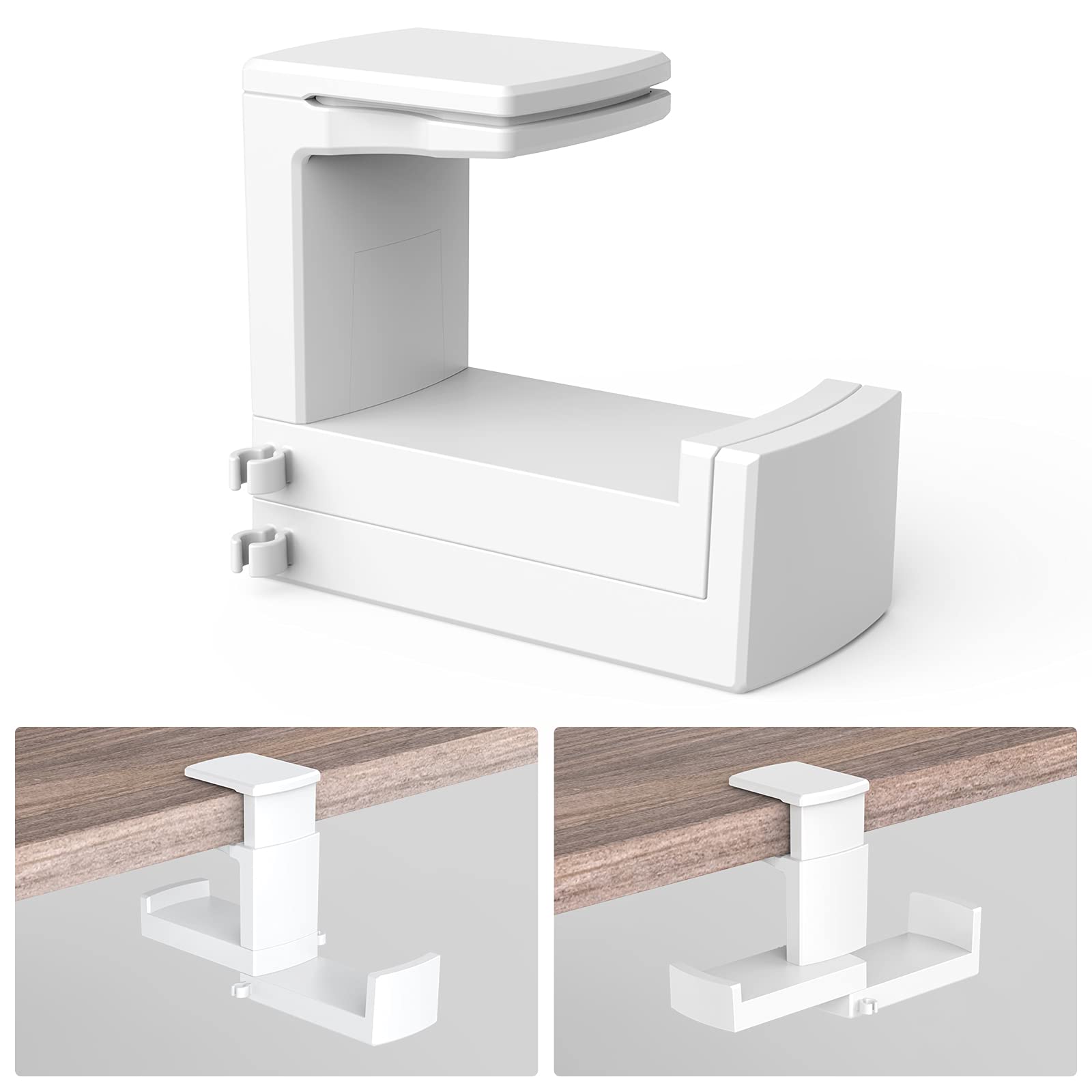 Dual Headphones Stand Holder, Klearlook 3-Part 360° Rotation Adjustable Springed Clip Headset Hanger Built-in Cable Loop,Space-Save Desk Clamp Headset Hook Earphone Mount-White