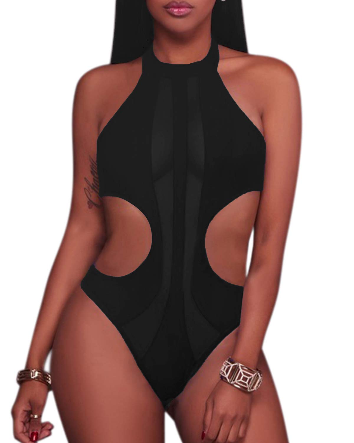 Women Sexy Halter High Neck One Piece Swimsuit High Leg Cut Out Monokini Mesh Panel Swimwear Black M