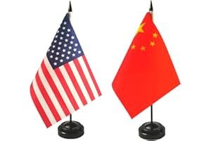 ZIGVERT 1 American and 1 Chinese 8"x5" Miniature Desk & Table Flag, Includes 2 Flag Stands & 2 Small Mini Stick Flags, USA American & China Flags,China Room Flag