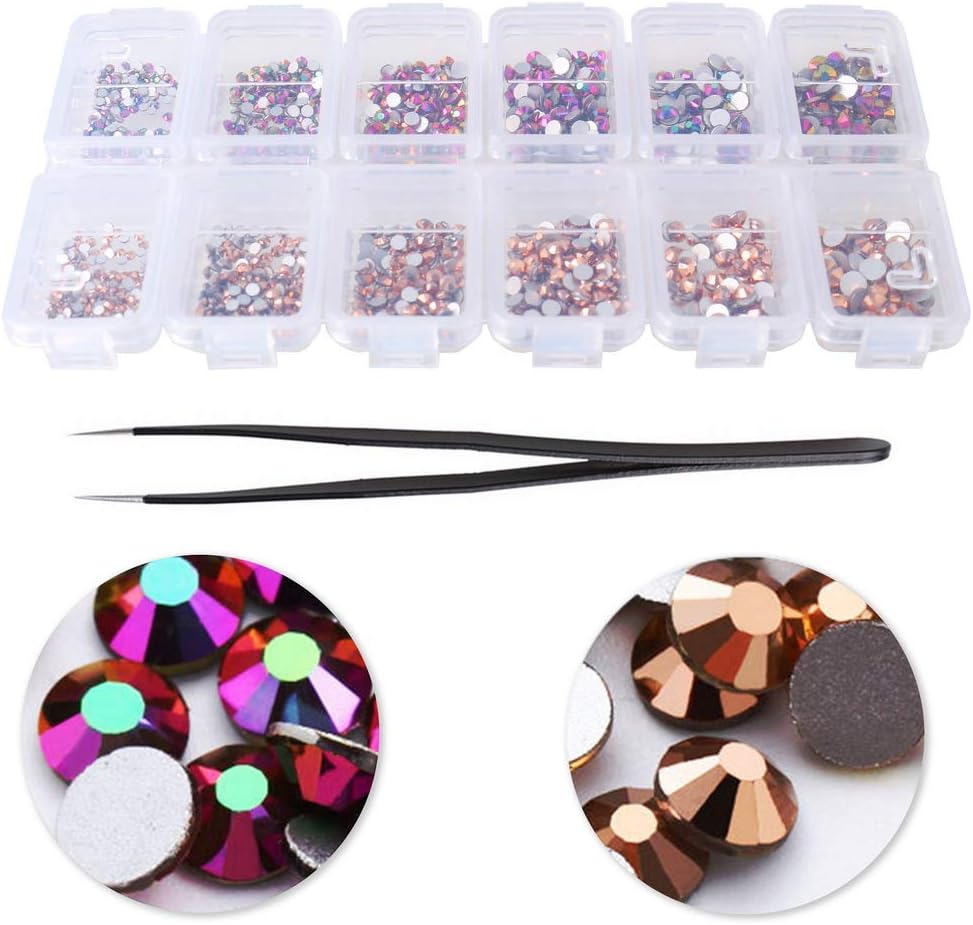ZHIYE 1440 pcs Flat Back Gems Round Crystal Rhinestones (1.6, 2.0, 2.4, 2.8, 3.2, 4.0 mm) with Pick Up Tweezer for Crafts Nail Face Art Clothes Shoes Bags Phone Case Arts DIY