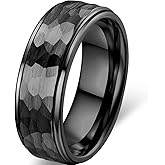 Adreamz 6mm 8mm Mens Hammered Tungsten Carbide Wedding Rings Black Silver Hammered Wedding Band Brushed and Step Edge