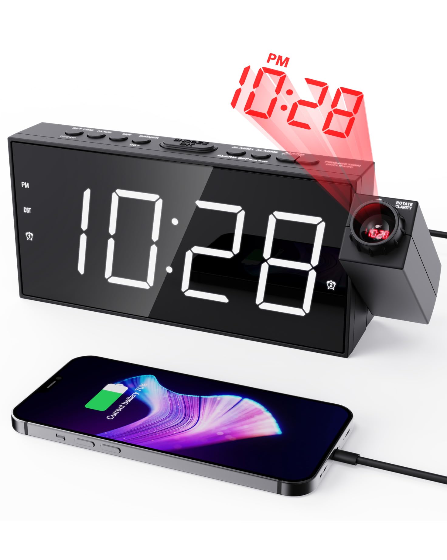 ROCAM Alarm Clocks for Bedrooms with Projector, Loud Alarm Clock for Heavy Sleepers, Digital Alarm Clock with LED Large Display, Adjustable Dimmer, Snooze,
