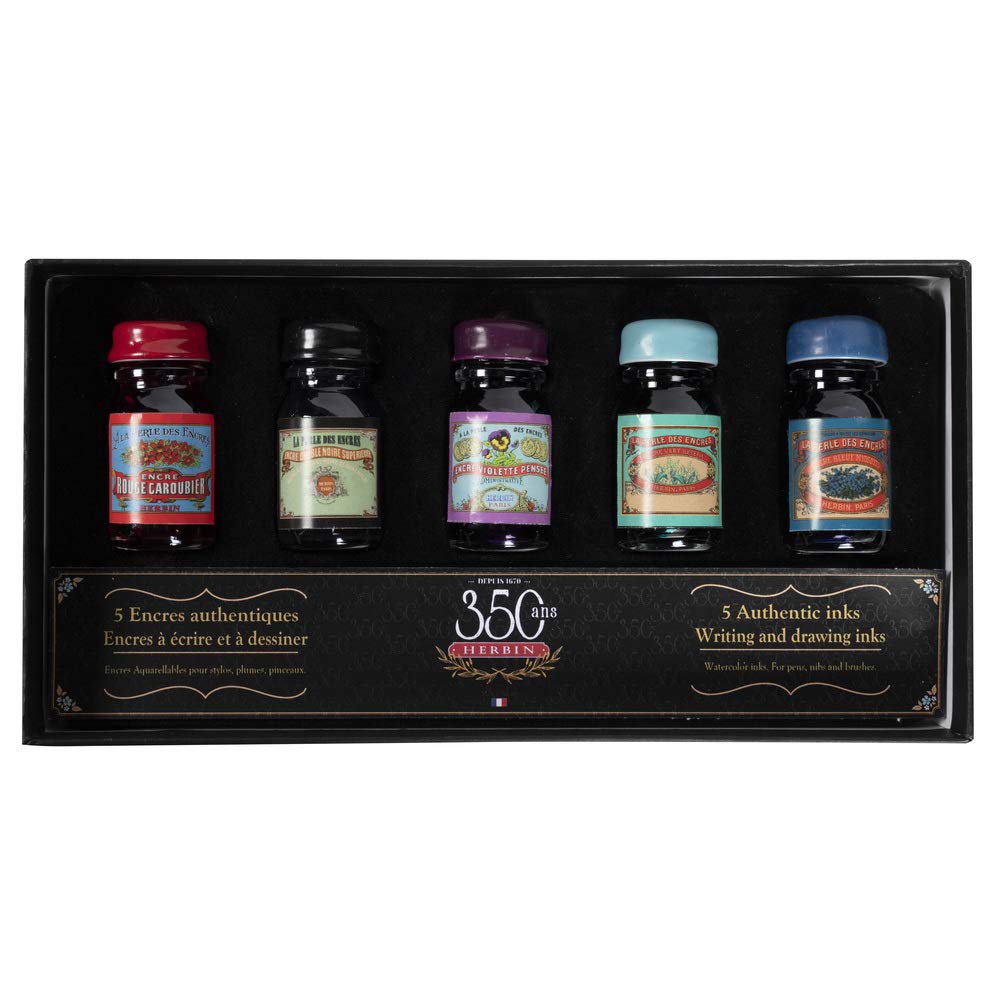 Jacques Herbin 18900T - A box of 5 bottles of ''350 years special'' 10 ml ink - assorted colours - For fountain pens and roller pens - Made in France.
