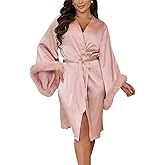 silkola Satin Robes for Women Bridal Bridesmaids Robe Silk Robe with Faux Fur Trim Satin Bell sleeves Wedding Dressing Gown