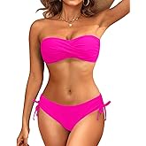 Women's Strapless Bandeau Bikini Set - Twist Front Two Piece Swimsuit Top with Side Tie Bathing Suit Bottom