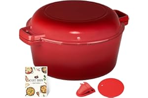 Overmont 2 in 1 Enameled Cast Iron Dutch Oven with Skillet Lid & Cookbook for Induction, Electric, Grill, Stovetop, Bread Bak