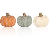 GoGnome Set of 3 Decorative Pumpkins &ndash; Resin Fall Harvest D&eacute;cor in White, Sage Green &amp; Orange, Rustic Autumn Table Centerpiece for Thanksgiving Farmhouse Home Decoration (White)