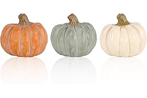 GOGNOME Set of 3 Decorative Pumpkins – Resin Fall Harvest Décor in White, Sage Green & Orange, Rustic Autumn Table Centerpiece for Thanksgiving Farmhouse Home Decoration (White)