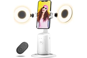 FIERRE SHANN Auto Face Tracking Tripod, 360° Rotation Auto Tracking Phone Holder with 2 Cold Shoes, No App, Rechargeable Phone Camera Mount with Remote and Gesture Control for Video Recording (White, 2 Lights)