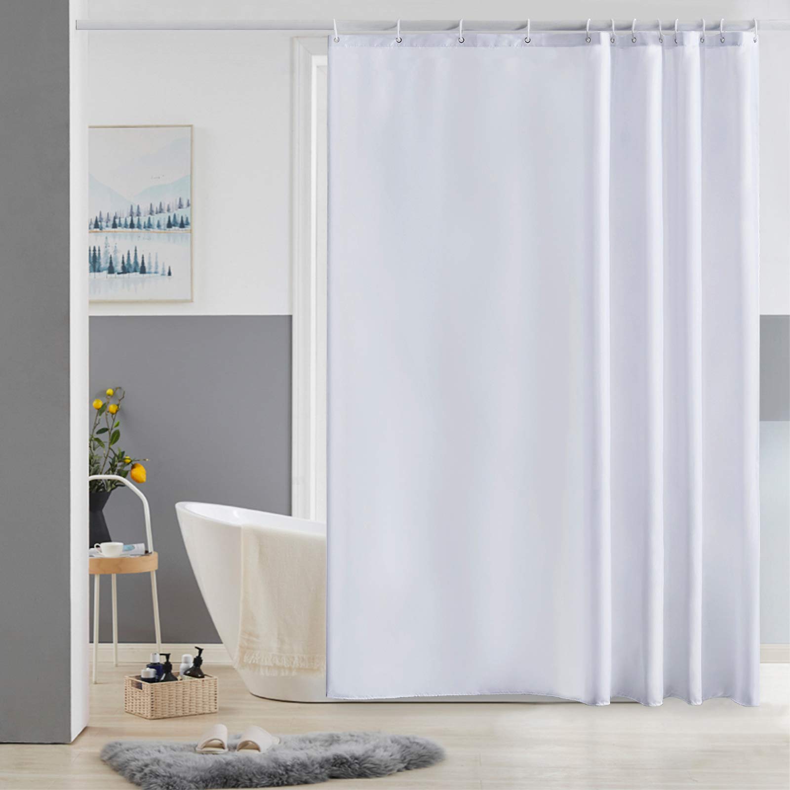 Furlinic Shower Curtain Mould Proof Resistantand Waterproof Washable Polyester Fabric White Bath Curtains with Weight Tape 12 Hooks for Wetroom 72x72 Inch.