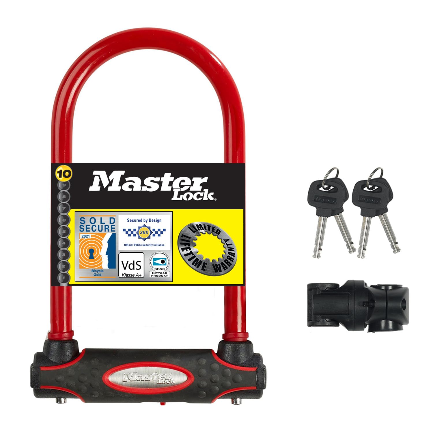 Master Lock Heavy Duty Bike D Lock, Key, Universal Mounting Bracket, Certified Bike Lock, Police Approved, Red 8195EURDPROCOLR - Use with Electric, Mountain, Road, Folding Bikes