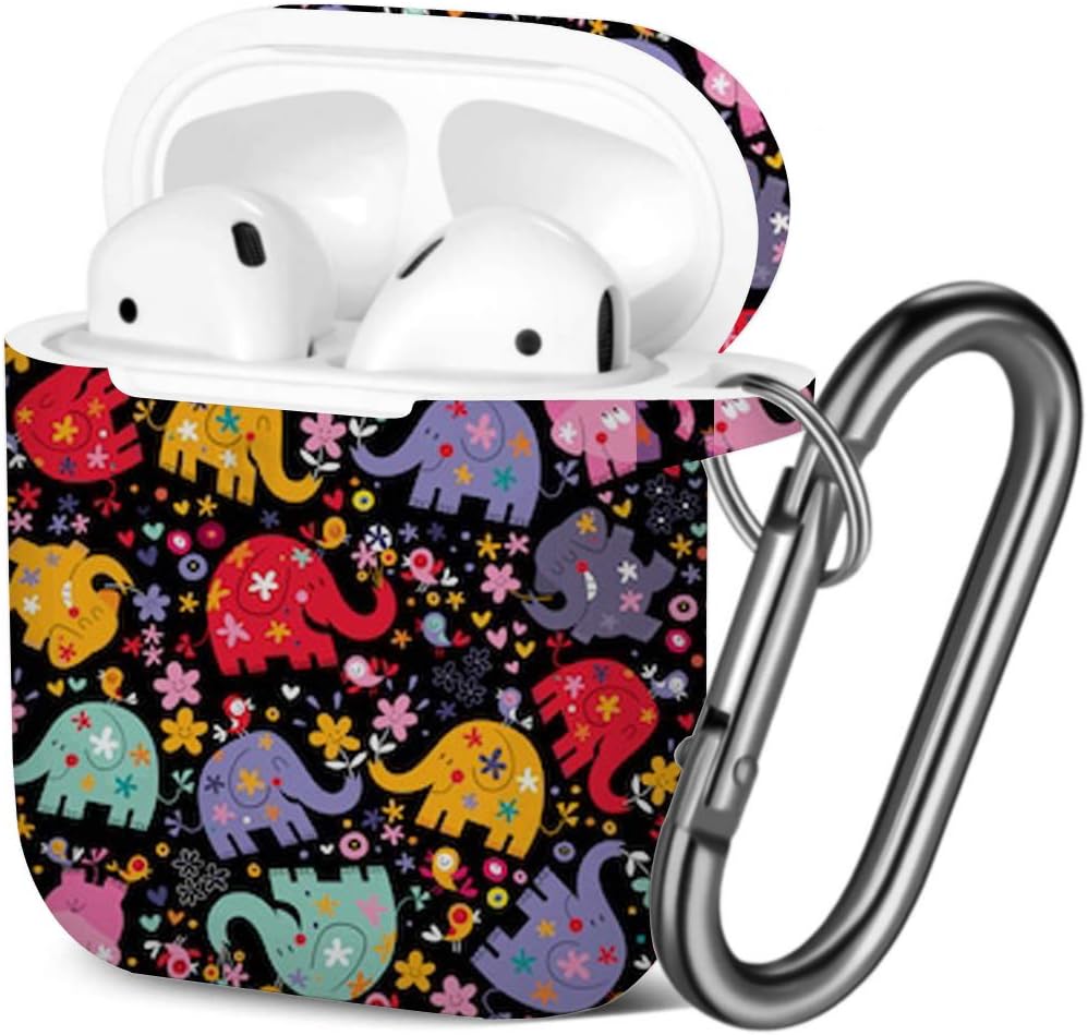 [ Compatible with AirPods 2 and 1 ] Shockproof Soft TPU Gel Case Cover with Keychain Carabiner for Apple AirPods (Elephants Birds Flowers)