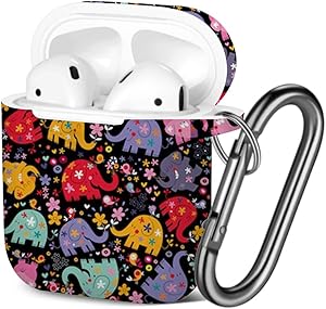 [ Compatible with AirPods 2 and 1 ] Shockproof Soft TPU Gel Case Cover with Keychain Carabiner for Apple AirPods (Elephants Birds Flowers)