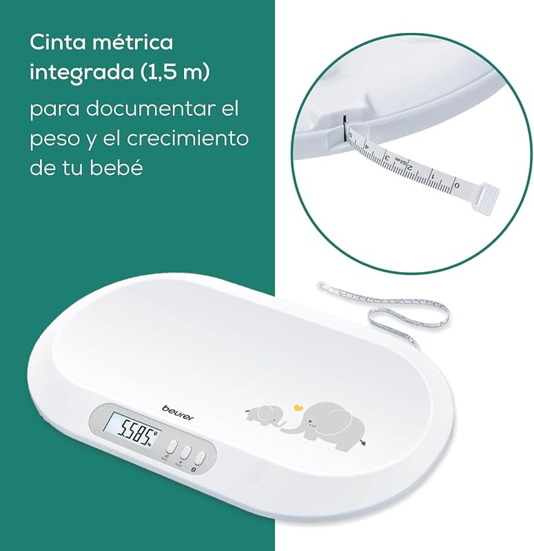 BY 90 Báscula para bebés con aplicación (iOS + Android) cinta métrica integrada, capacidad de carga de 20 kg y función de retención para bebés que dan patadas