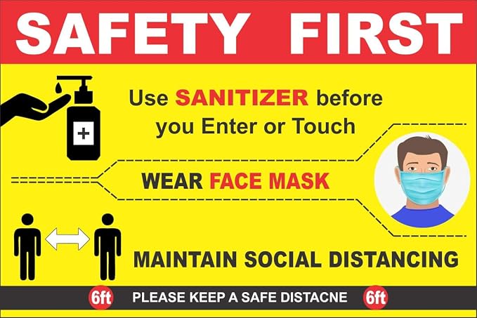 GOLD LEAF 3 in 1 Wear Mask, Use Sanitizer, Maintain Social Distancing Sign Sticker for Office Home Medical College Clinic Business Hospital Commercial Sign Stickers A3 Size 18" x 12" Pack of