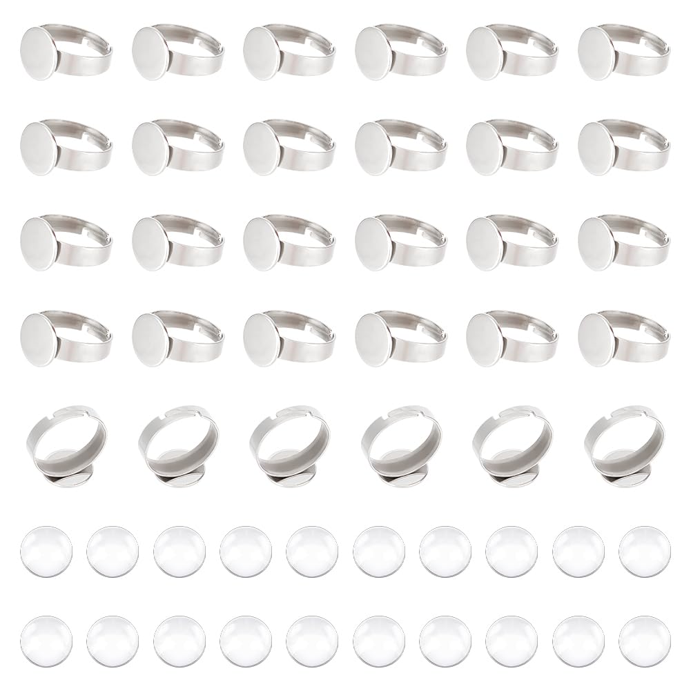 UNICRAFTALE 50pcs 12mm Stainless Steel Adjustable Finger Rings Components Pad Ring Base Findings Flat Round Metal Finger Rings for Women Ring Making