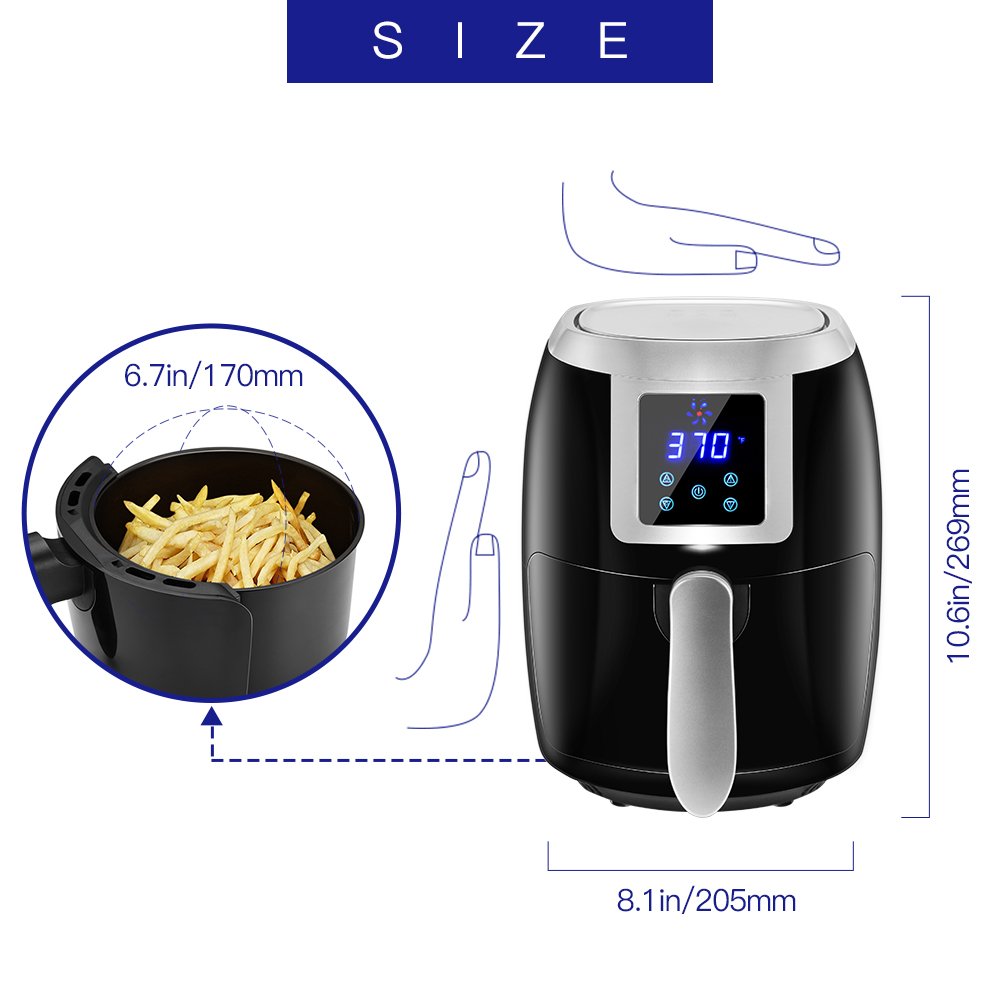 Digital Air Fryer CUSIBOX with Cookbook, Hot Air Fryers Time Temperature Control - Electric Touchscreen 2.2 Qt For Low Calories Healthier Black 1000W