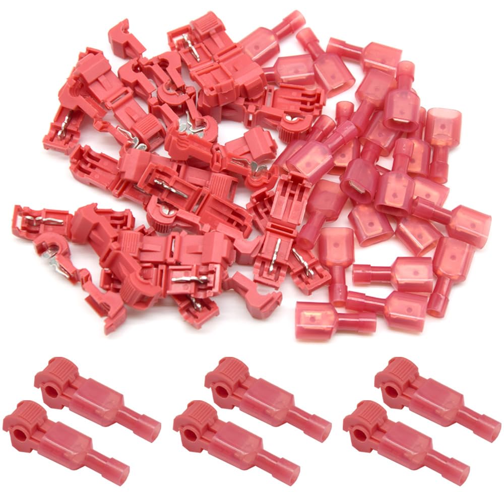 CEEYSEE 60Pcs T Tap Wire Connectors 22-18 AWG of Red Self-Stripping and Nylon Male Spade Terminal Quick Disconnects Electrical Connectors Kit (NXJH)