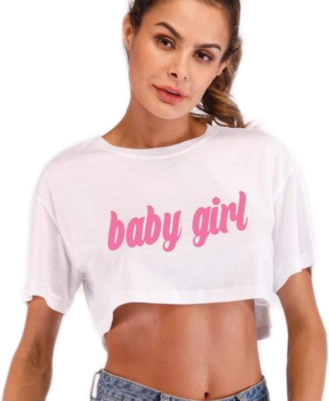 Baby Girl Crop Top Loose T Shirt Sleeve - DDLG Cute Kawaii Pink & White