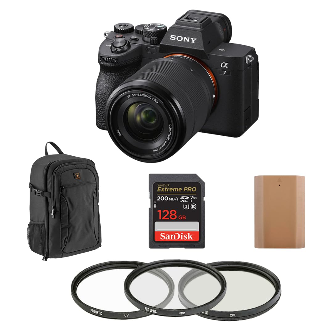 Sony Alpha a7 IV Mirrorless Camera with FE 28-70mm Lens Bundle with 128GB Memory Card, Backpack, Battery Pack, Filter Kit