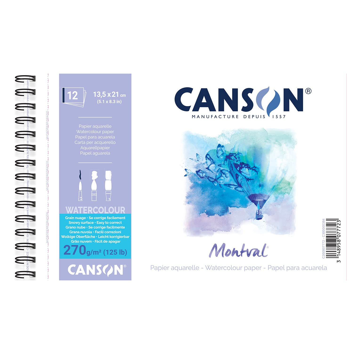 Canson AQ Montval Torchon Watercolour – 270 g/m², 12 Sheets Per Block Spiral on Short Edge, White 13.5 x 21 cm weiß