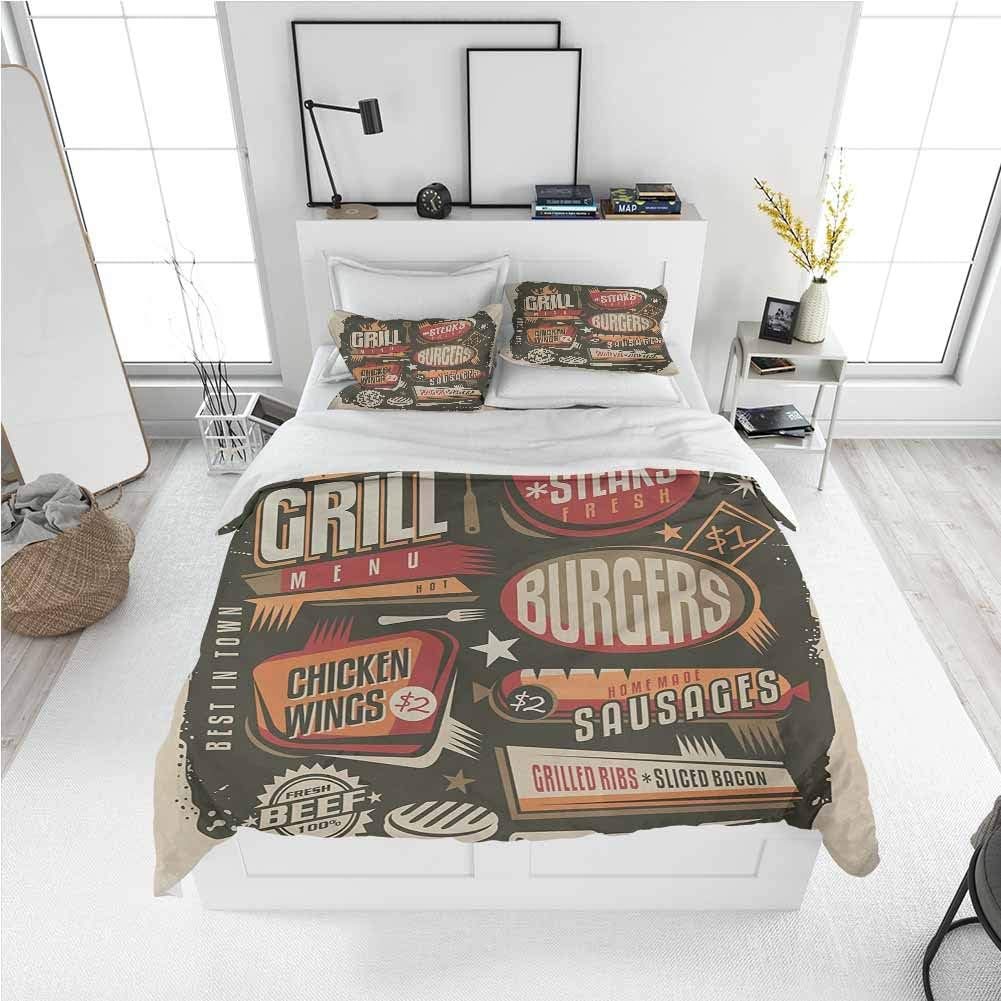 BBQ Party Full Size Sheet Set-3 Piece Set, Microfiber Sheet Set 3 Piece Bed Sheets Grill Menu Design with Steaks Burgers Wings Sausages Ribs and Bacon Retro Effect with Soft Comfy Breathable Fade