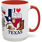 I Love Texas 15 oz Coffee Mug - Lone Star State Mug - Gift - Christmas - Birthday - Tea Cup - Taza De Cafe (Red Handle)