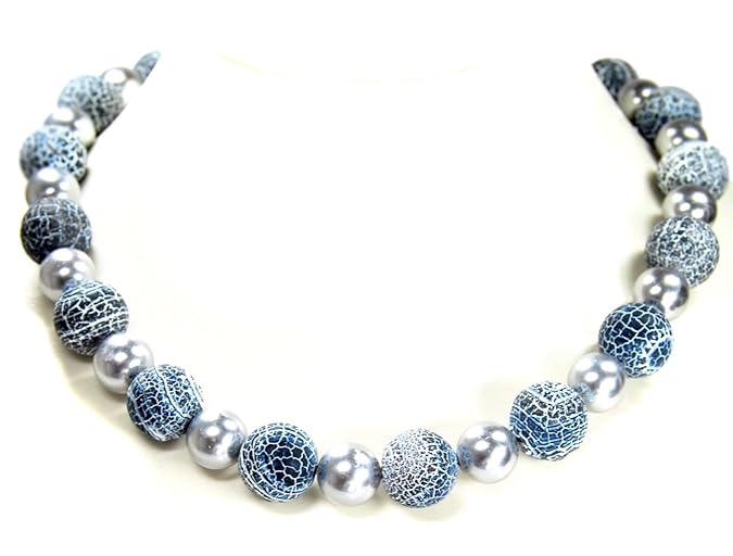 Sehr schöne Edelsteinkette aus Fossilachat sandstrahlend und Muschelkernperlen