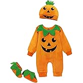 LouVasabuce Toddler Baby Girls Boys Halloween Long Sleeve Pumpkin Face Pattern Romper+ Cap +Slipper Socks 3Pcs Outfits