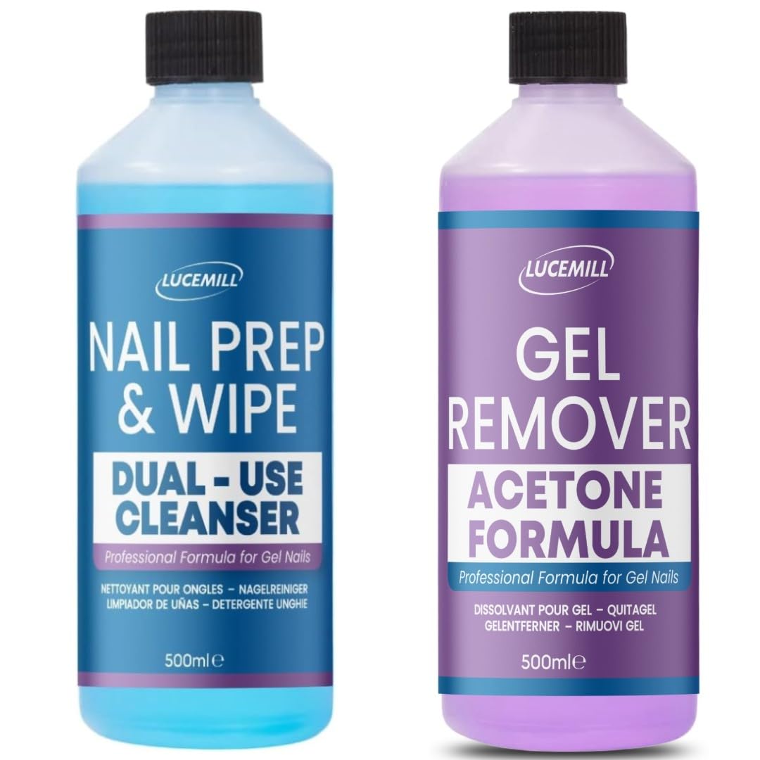 Lucemill 500ml Prep & Wipe + 500ml Remover Set | Gel & Nail Polish Remover with Acetone | Professional Cleanser for Gel Polish