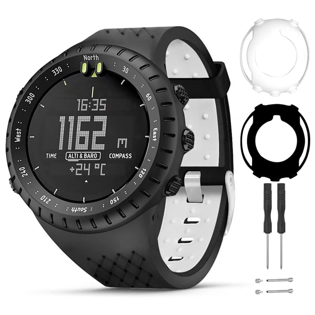 T-BLUER Watch Strap Compatible for Suunto Core,Silicone Replacement Strap Bracelet Accessory and Full Cover Protector Case for Suunto Core Smart Watch,Black White