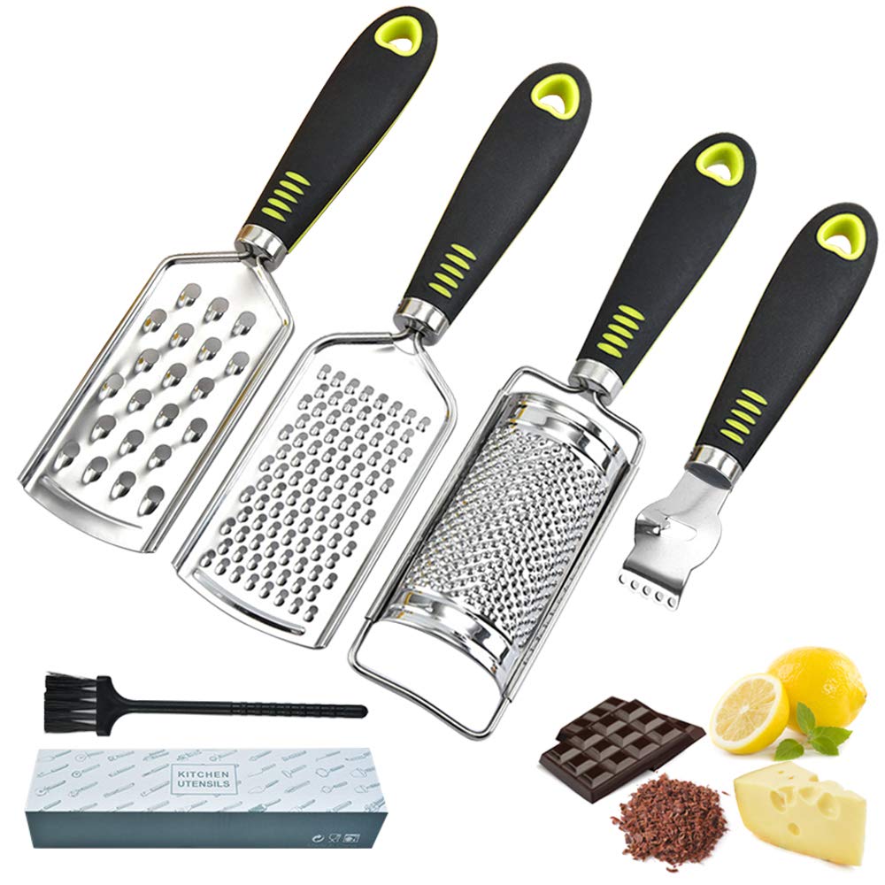 Cheese Grater Zester for Kitchen Set of 4, Parmesan Grater Zester Tool, Nutmeg Lemon Zester Hand Held Fine, Mini Stainless Steel Rind with Soft TPR Handle for Garlic Ginger Daikon