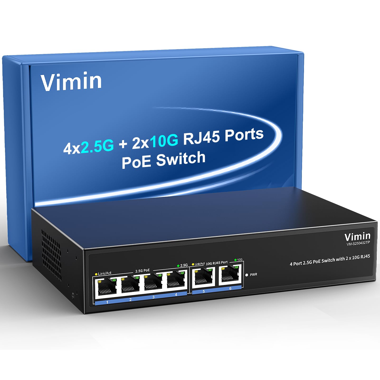 Photo 1 of 6-Port 2.5G PoE Switch with Dual 10GBASE-T, Vimin 4X 2.5G +2 x 10Gb RJ45 Ports Unmanaged PoE Switch, 60Gbps Capacity, 65W, 10G Switch Desktop Network PoE Switch for NAS, PC, Wireless AP