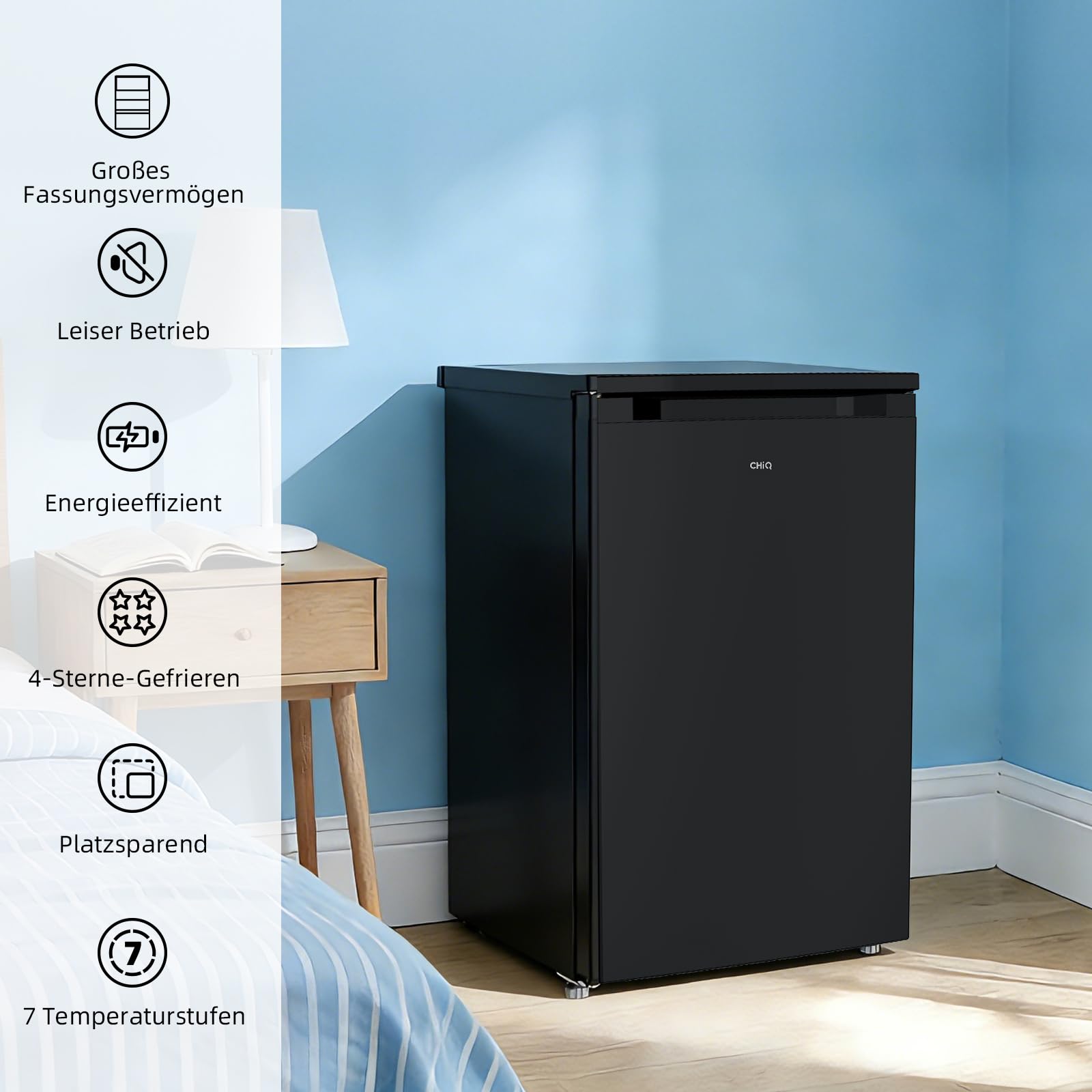 CHIQ kühlschrank mit gefrierfach 107 Liter, mit 13L Gefrierfach｜EEK C, 87 kWh/Jahr | 4-Sterne-Gefrieren, -24 °C bis -16 °C| geräuscharm, Schwarz, CTT107BC 2