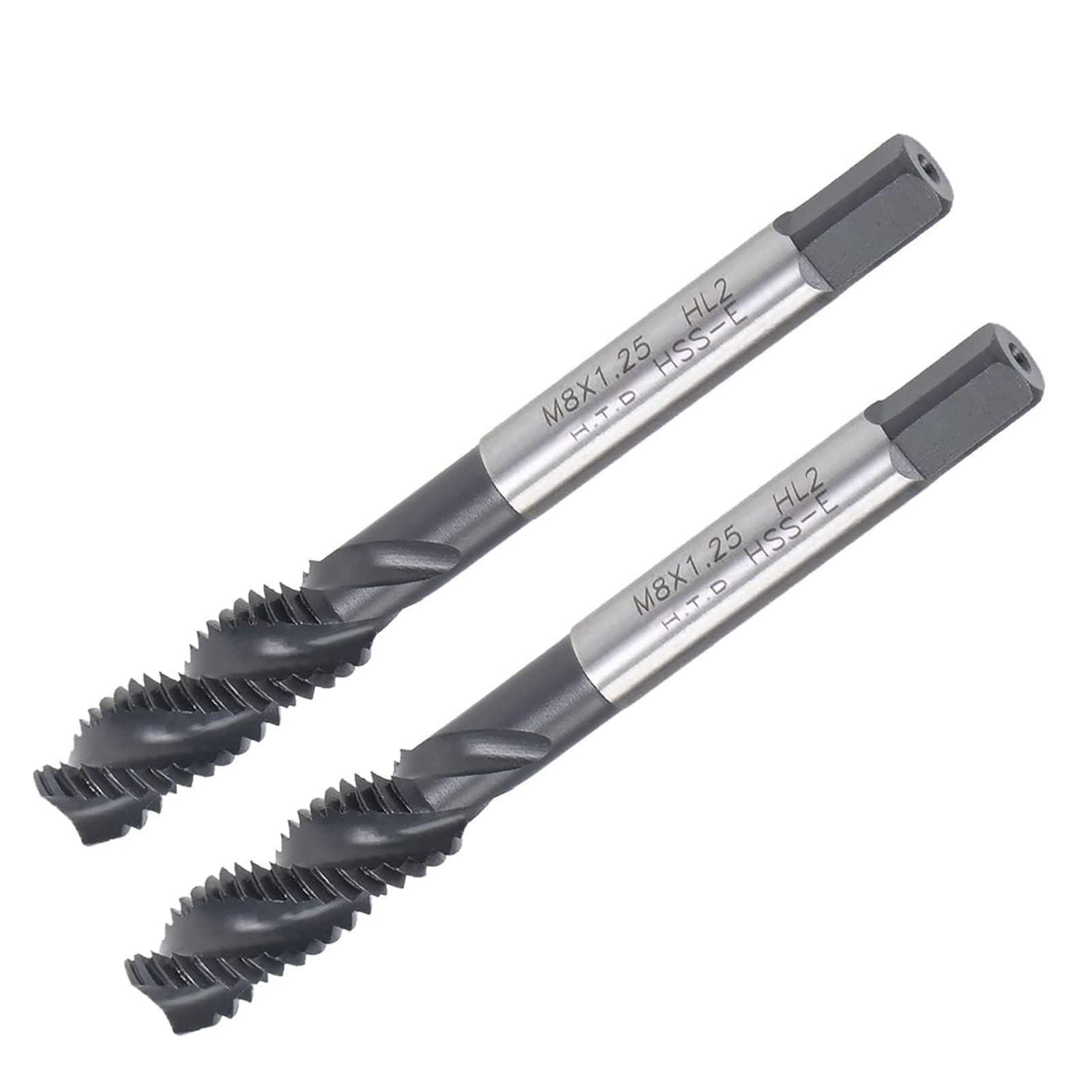 TA-VIGOR M8 x 1.25mm Spiral Flute Thread Tap, Metric Machine Threading Tap H2 Tolerance, HSS Nitriding Coated Thread Milling Tap(Round Shank with Square End) 2Pcs