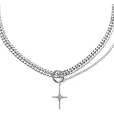 Mabor Silver Y2k Irregular Necklace Retro Cross Star Pendant Double Chain Necklace Titanium-Steel Adjustable Hip Hop Grunge Layered Chain Gifts Accessories for Women Men