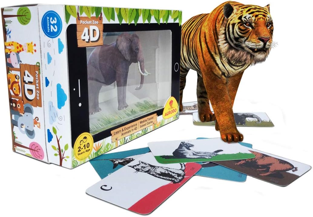 Aurodo Pocket Zoo 4D - Top 4D STEM Learning Game 2019 - INTUITIVELY DESIGNED Learning of Animals in Augmented Reality | Click photos and Record Amazing Funny Videos of kids with Animals | Age 2 and Up